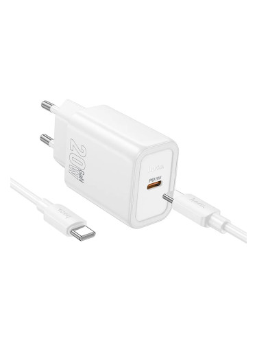 Зарядно устройство комплект HOCO N60, 20W, 3A, 1x USB-C + кабел USB-C, Бяло