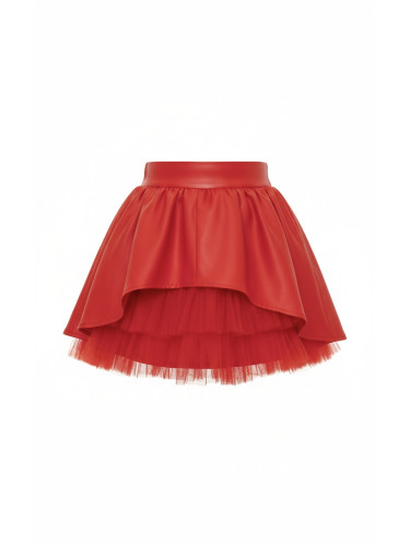 Стилна детска кожена пола за момиче в червено с тюл отпред Дивна