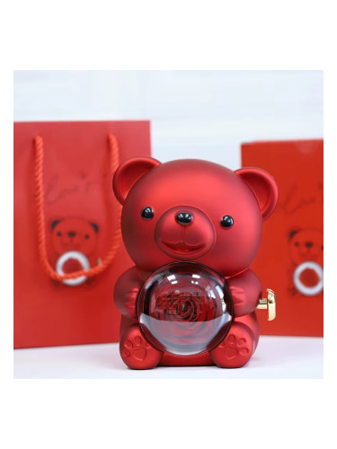 Луксозна кутия за подарък – Въртящо се мече с роза в червен цвят