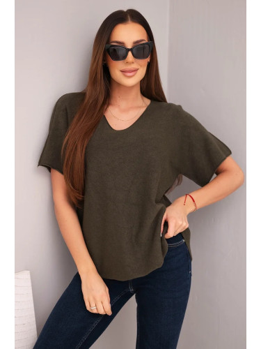 Дамски пуловер с къс ръкав и V-образно деколте, каки