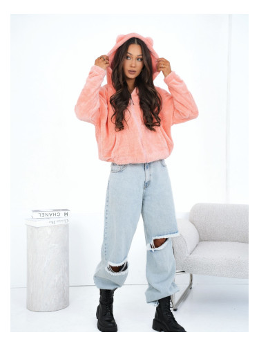 Дамски суичър с качулка в прасковена боя