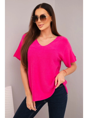 Дамски пуловер с къс ръкав и V-образно деколте, цвят фуксия