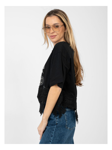 Черна блуза с дантела и щампа
