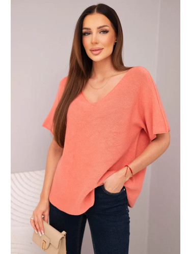 Дамски пуловер с къс ръкав и V-образно деколте