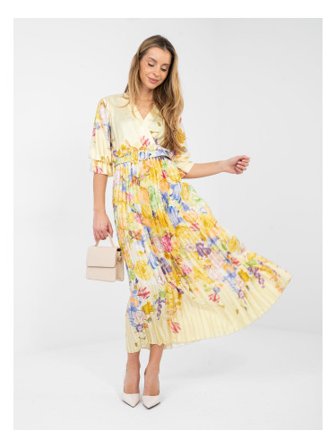 Светложълта макси рокля с флорален принт