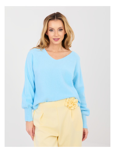 Светлосин пуловер с V-образно деколте