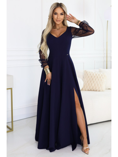 Дълга синя рокля с ръкави от тюл