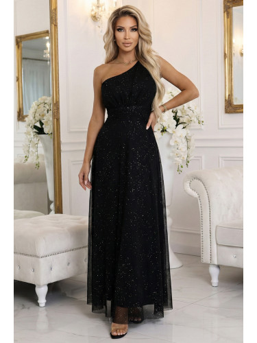 Дълга черна рокля с едно рамо и брокат