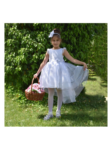 Официална детска рокля Жени с голяма панделка и тюл в бяло