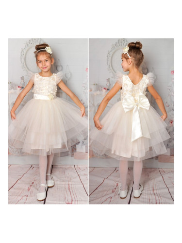 Официална детска рокля в екрю с тюл на пластове и 3D цветя
