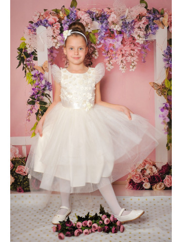 Официална детска рокля в екрю с 3D цветя и тюл 298ЕЦ