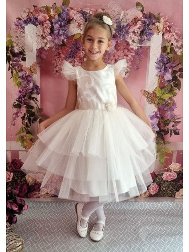Официална детска рокля с къс ръкав в екрю с тюл 288ШЖ