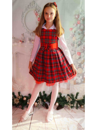 Детски сукман в червено каре с панделка, коланче и тюл 291ЧК