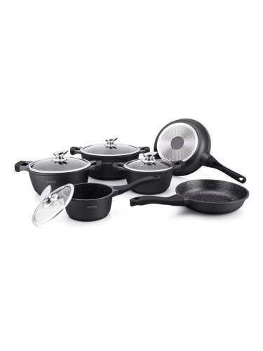 Комплект тенджери и тигани Royalty Line RL-BS1010M, Отливка, 10 части, Индукция, Мраморно покритие, Черен