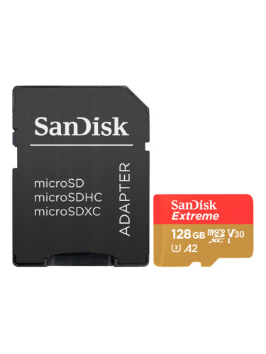 Флаш памети SANDISK Extreme microSDXC 128GB + SD Adapter + 1 year RescuePRO Deluxe up to 190MB/s & 90MB/s Read/Write speeds A2 C10 V30 UHS-I U3 SDSQXA