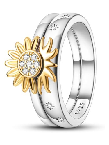 Двоен пръстен от масивно сребро 925 с позлата - Златно слънце