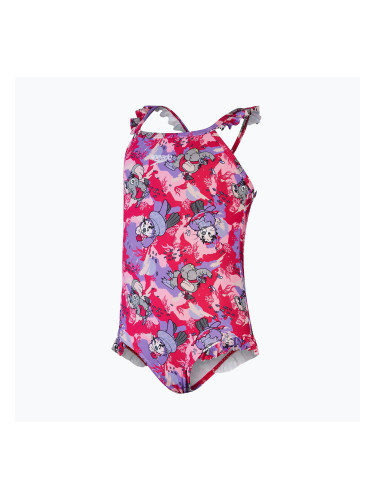 Детски бански от една част Speedo Learn To Swim Printed Frill Thinstrap cherry pink/sweet taro/hellium