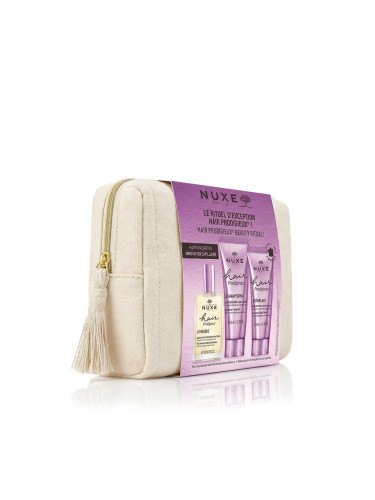 NUXE Hair Prodigieux My Luxury Haircare Routine Подаръчен комплект шампоан Hair Prodigieux High Shine Shampoo 50 ml + балсам Hair Prodigieux High Shine Conditioner 30 ml + маска за коса Hair Prodigieux Pre-Shampoo Nourishing Mask 30 ml + козметична чанта