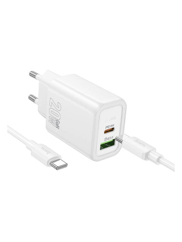 Зарядно устройство комплект HOCO N61, 20W, 3A, 1x USB-C 1x USB-A + кабел USB-C - USB-C, Бяло