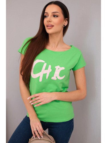 Дамска блуза Kesi с щампа CHIC, зелена