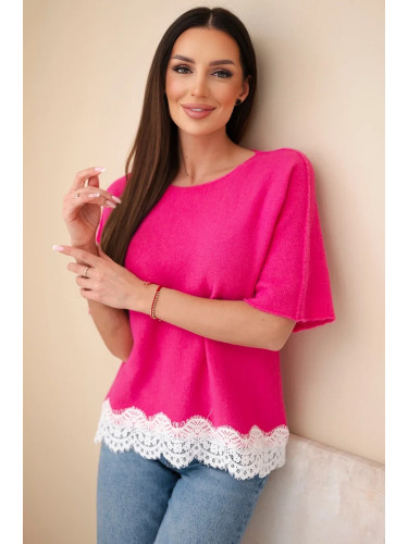 Дамски пуловер с къс ръкав и дантела