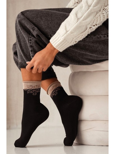 Milena Дамски коледни чорапи полувълнени UNIQUE без притискане звезди черни