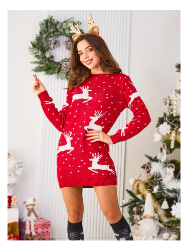 Дамска червена рокля-пуловер с коледен мотив