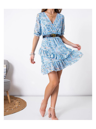Дамска синя мини рокля с шарка