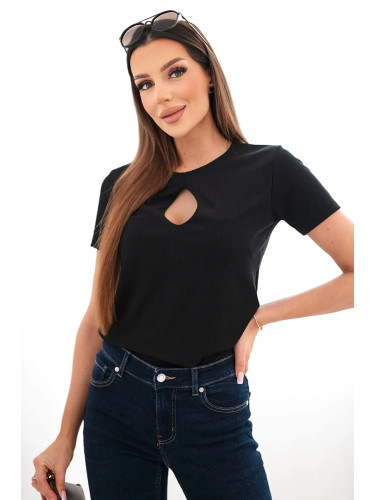 Черна оребрена блуза с вдлъбнато деколте