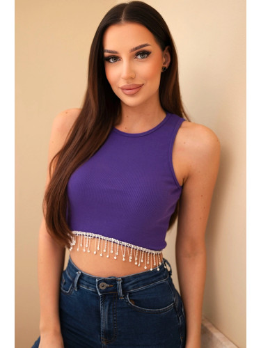Дамски оребрен кроп топ с декоративни пискюли, лилав