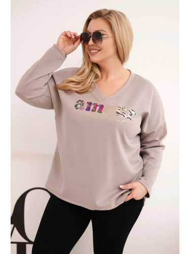 Дамски суитшърт с големи размери, щампа и V-образно деколте