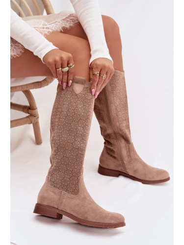Дамски боти до глезена с дантелен модел на нисък ток