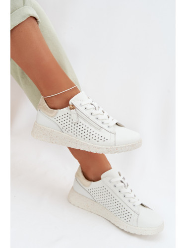 Дамски кожени маратонки EVENTO с цип, бяло-златисти