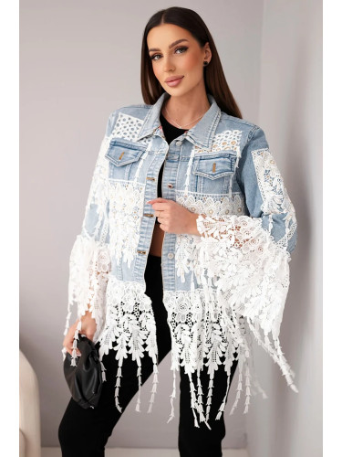 Дамско дънково яке с дантела и пискюли