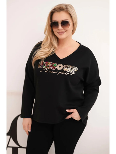Дамски суитшърт с големи размери, щампа и V-образно деколте, черен