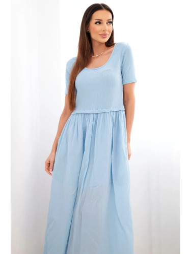 Синя миди рокля с къс ръкав