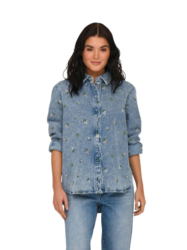 Дамска дънкова риза с флорален мотив