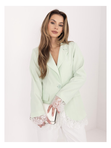 Дамско сако в цвят мента с дантелена облицовка