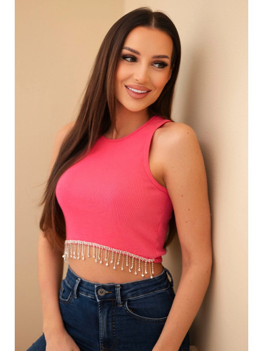 Дамски къс оребрен топ с декоративни пискюли