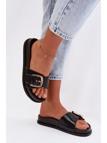 Дамски черни чехли със златна катарама Rosivana