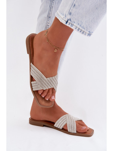 Дамски сребърни пантофи с кристали циния