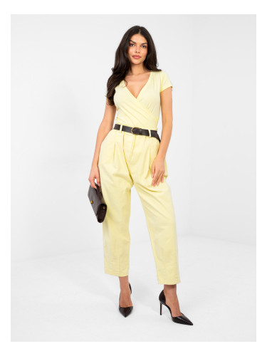 Пастелно жълти структурирани панталони с колан