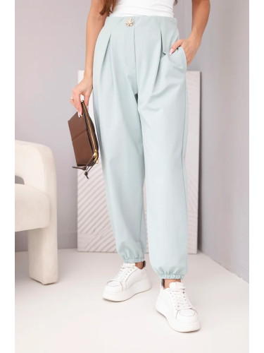 Дамски панталон с висока талия в тъмен ментов цвят