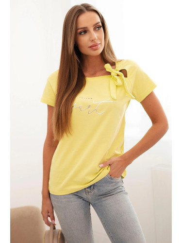 Дамска памучна блуза с панделка на рамото и щампа