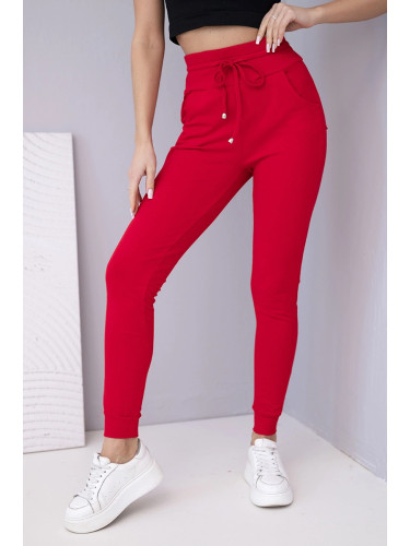 Дамски спортен панталон с висока талия и връзки, червен