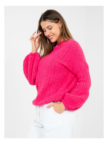 Дамски пуловер с бухнали ръкави, цвят фуксия