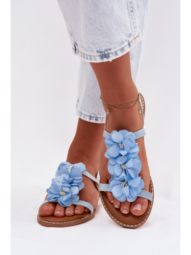 Дамски сини сандали с декоративни цветя Noemia