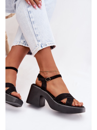 Дамски сандали Boto с дебел ток, еко велур, черни