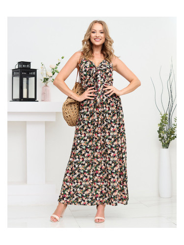 Черна флорална макси рокля с презрамки