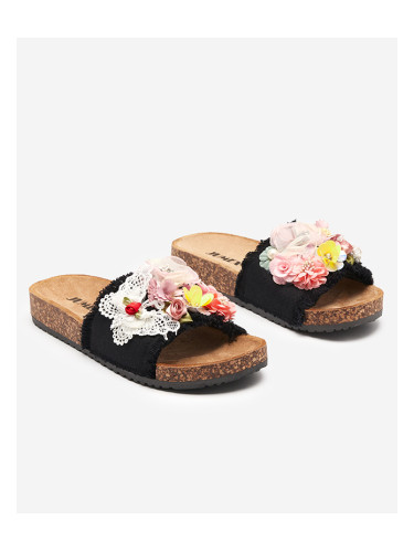 Resti Women's slippers with fabric flowers in black Ososi- Footwear